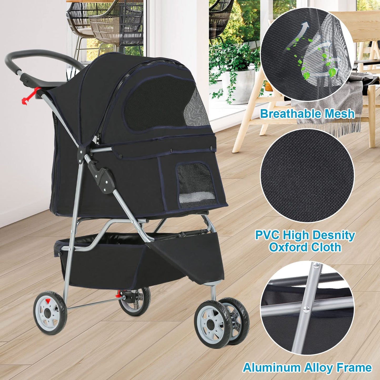 BestPet 3 Wheels Pet Dog Stroller Cat Cage Jogger Stroller Cats Travel Folding Carrier Waterproof with Cup Holder & Removable Liner,Black