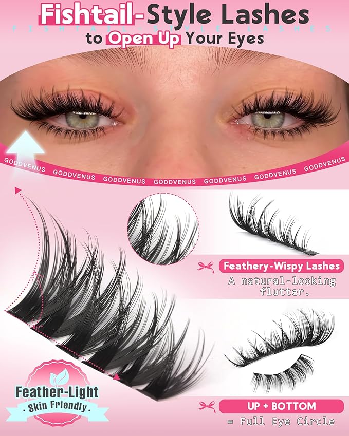 Goddvenus Wispy Eye Lash Clusters Kit Natural Cluster Eyelash Extensions Kit False Eyelash Clusters Fluffy DIY Individual Lash Extensions Kit C Curl