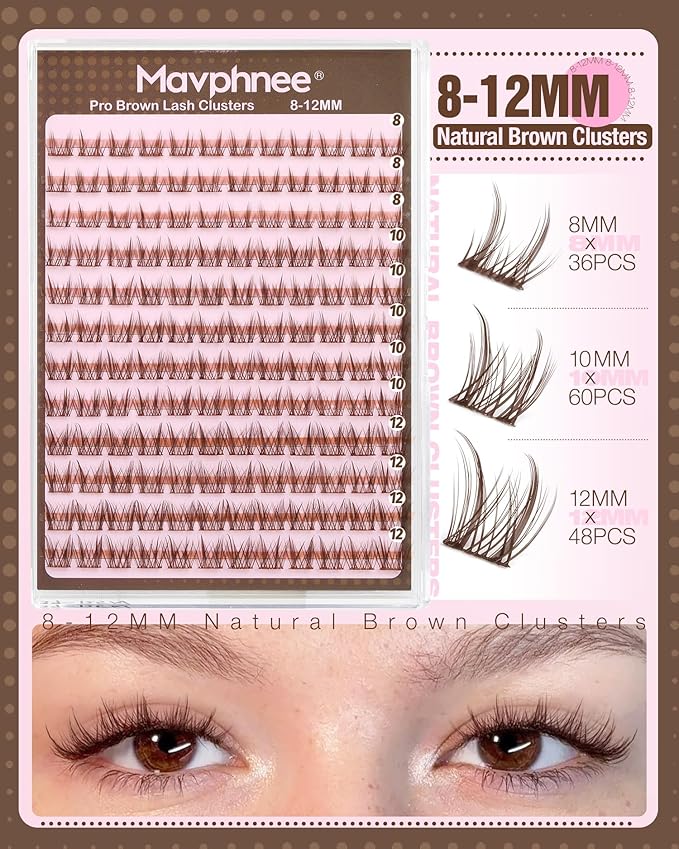 Brown Lash Clusters 8-12MM Wispy Eyelash Clusters Short Fairy Cluster Eyelash Extensions Natural Cluster Lashes Extensions Easy Wider-Band Anime Individual Lashes for Soft Glam (CC Curve, 144Pcs)