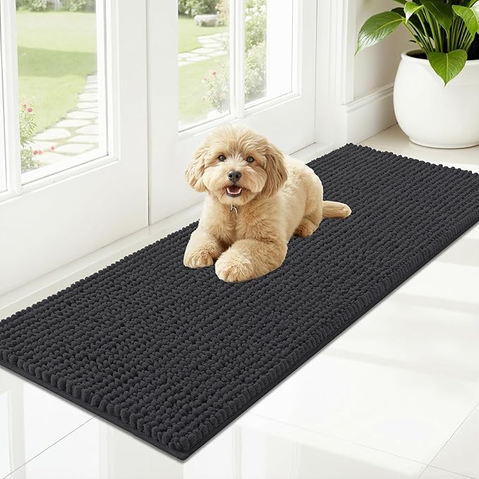 OLANLY Dog Door Mat for Muddy Paws 47x17, Ultra Absorbent Chenille Mud Doormat, Non-Slip Washable and Dirt Trapping Doormat for Indoor Entryway, Quick-Dry Indoor Pet Bed Mats for Dogs, Dark Grey