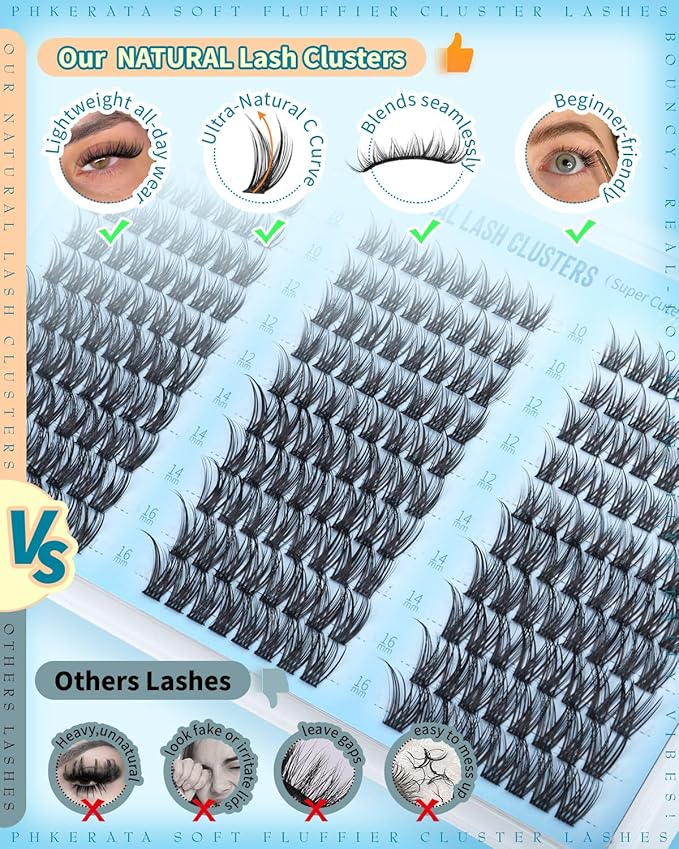 PHKERATA Eyelash Clusters Natural Lash Clusters Eyelash Extensions 240Pcs Wispy Cluster Lashes 10-16mm Lash Extension DIY Soft C Curly Individual Lashes with Thin Lash Band