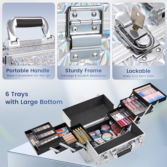 FRENESSA Makeup Case Cosmetic Train Case Organizer 11.8 Inch Large Makeup Box Travel Storage Make Up Train Carrying Case with 6 Trays Locking Hard Vanity Storage Glitter Silver