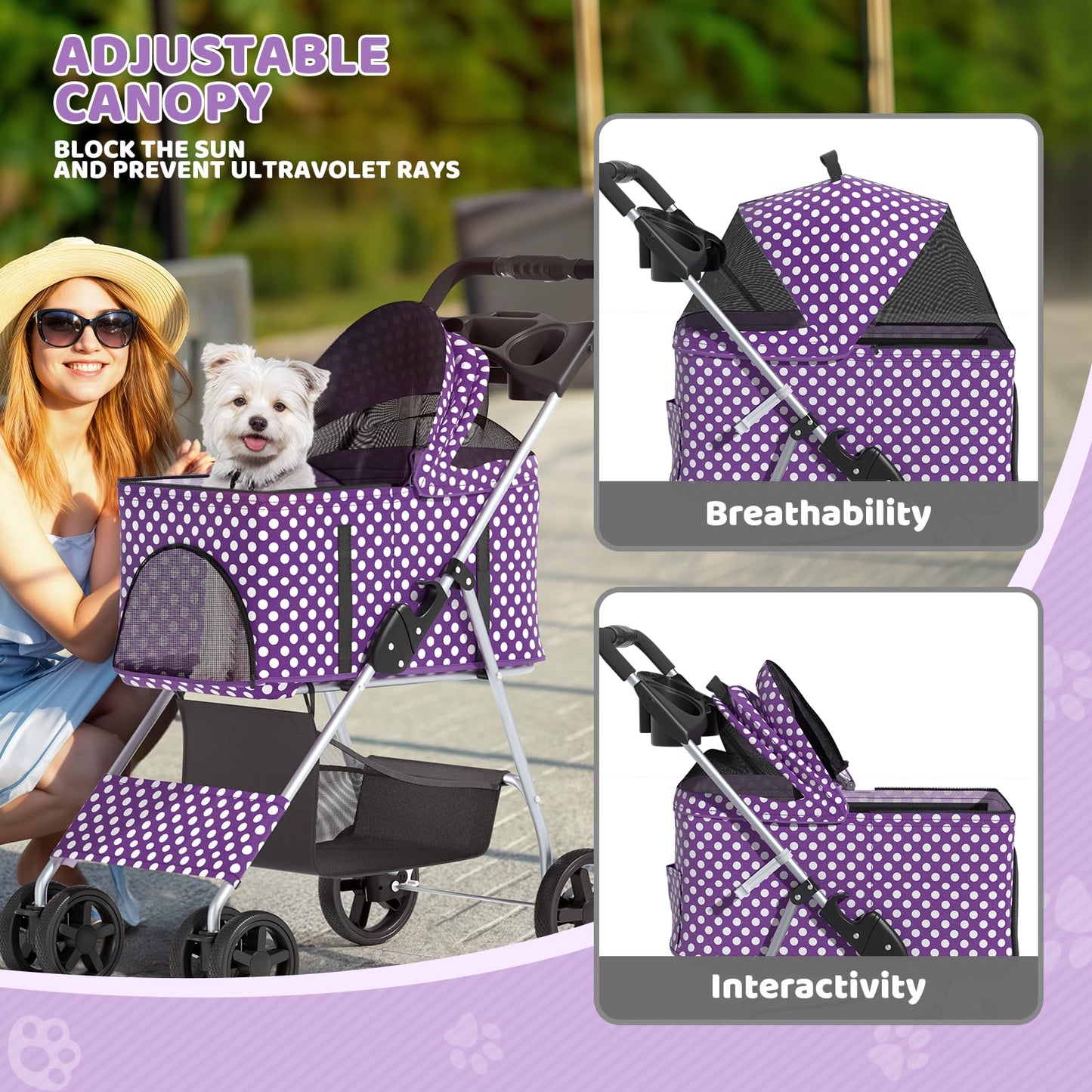 Magshion Foldable Pet Stroller, 3-in-1 Dog Travel Jogger with Detachable Carrier, Cup Holder, Storage Basket, Folding Carrier for Small/Medium Dogs & Cats Up to 33 lbs, Purple Polka Dots