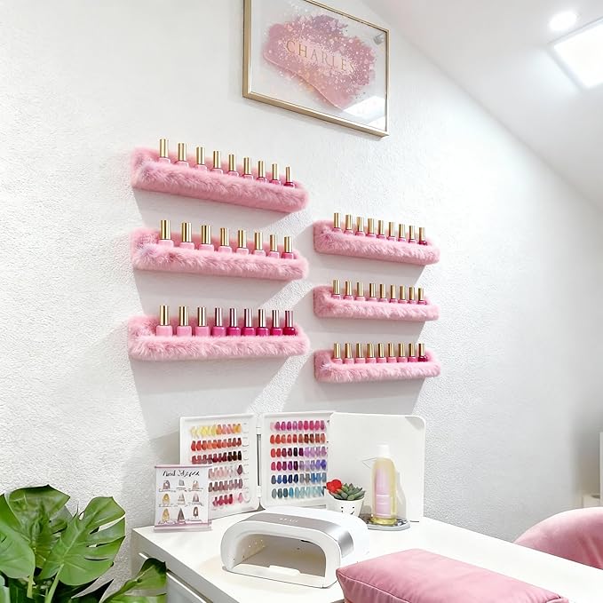 YMVV Nail Polish Wall Shelf - 15-Inch Furry Plush Display & Organizer Rack, Holds 60+ Polishes, Soft Ledge for Bedroom, Bathroom, Salon - Protects Bottles from Scratches，6 Pack Pink