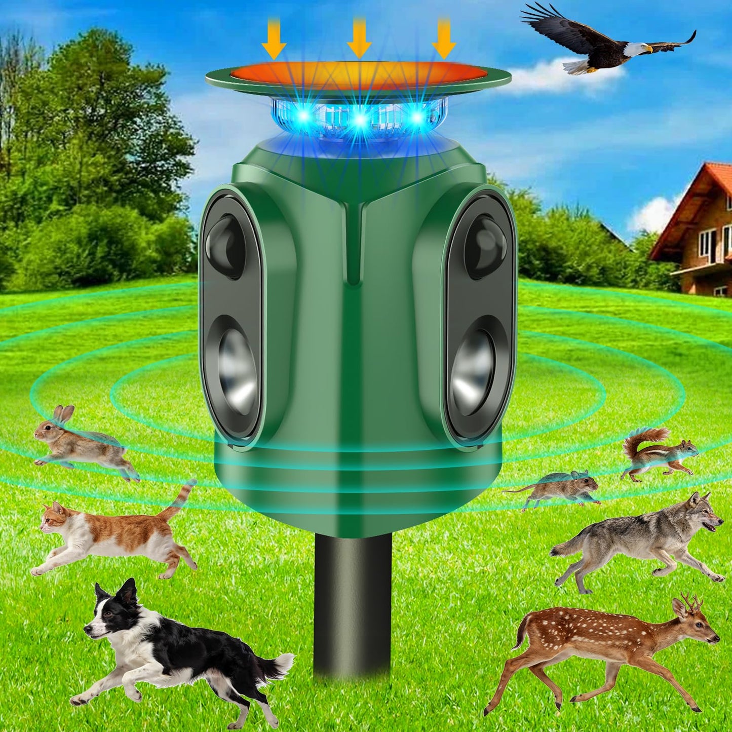 Ultrasonic Animal Repeller Outdoor - Cat Repellent & Deer Deterrent with PIR Sensor & Solar Powered,360° Protection Against for Squirrels, Dog, Deer, Raccoons, Skunks, Rabbits in Garden,Yard, Farm