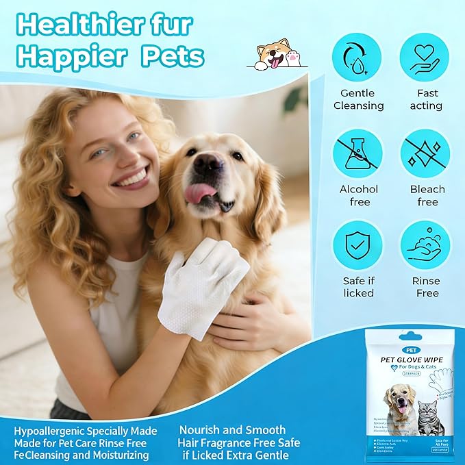 Pet Glove Wipes for Pet,Extra-Thick Rinse-Free Dog & Cat Grooming Gloves,Vet Recommended Hypoallergenic，Gentle & Safe for Cleaning,Deodorizing Wipes for Dander,6pcs unscent