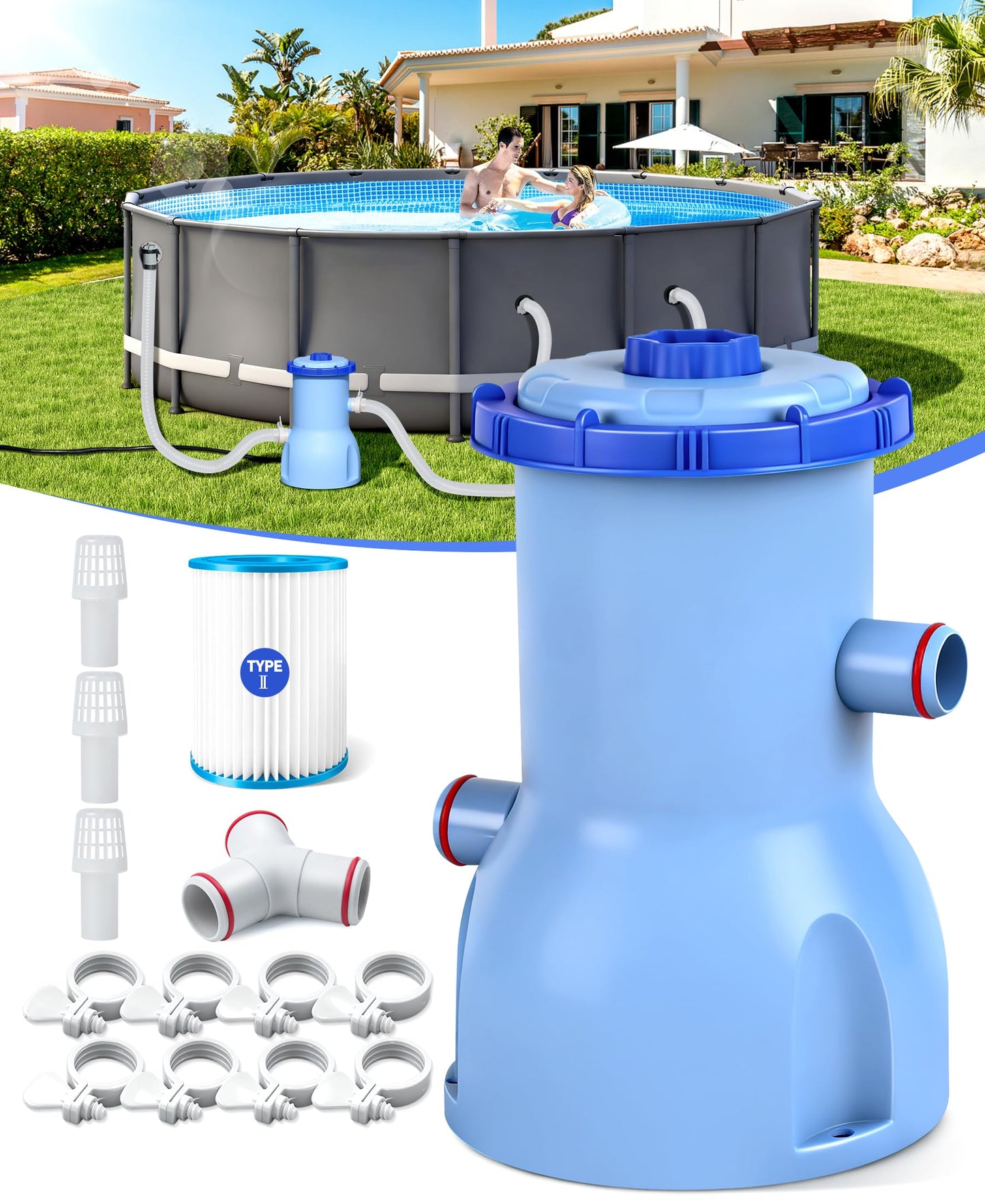 LuxBlue 2026 Improved 530 GPH Small Pool Filter Pump | ETL Certified Cartridge Filter Pump for Above Ground Pools | Water Circulation System- Quickly Remove Debris, Enhance Crystal-clear Pool Water