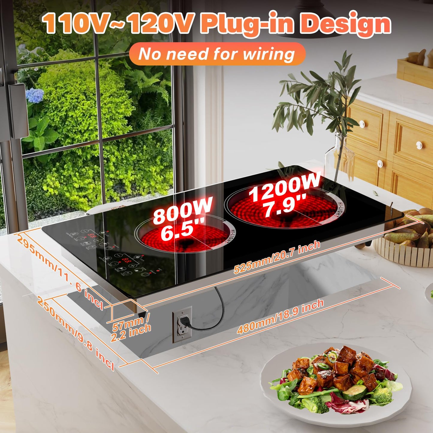 Gveyajo 2 Burner Electric Cooktop with Touch Control, 12 Inch Portable Plug in Stove Top, Ceramic Glass Double Burner, 9 Power Levels, Timer, Child Lock, 2000W