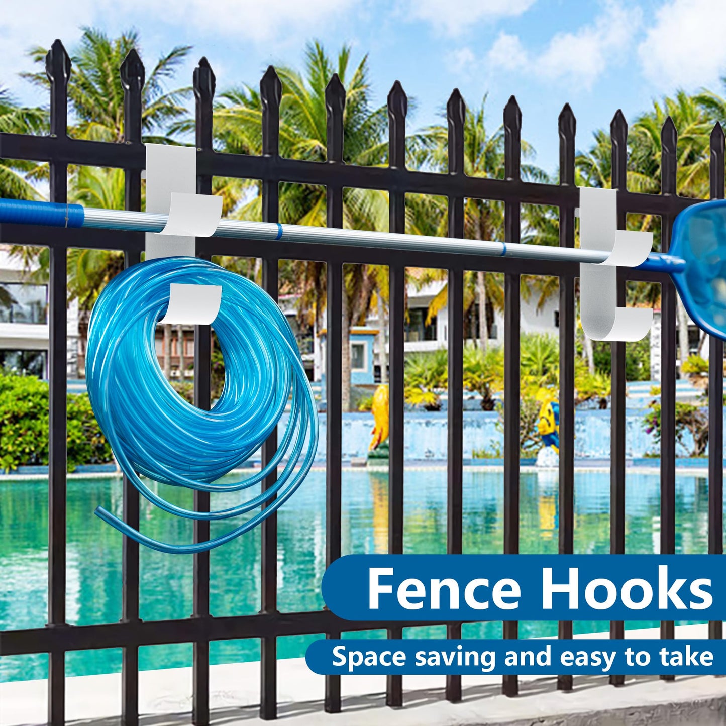 codree 2 PCS Pool Fence Hooks for Pool Equipment, White Heavy Duty Fence Hooks for Pool Poles, Slipe-on Fence Hanger for Pool Hose Pool Skimmer, Fit 3/4 Inch to 1-1/4 inch Railing