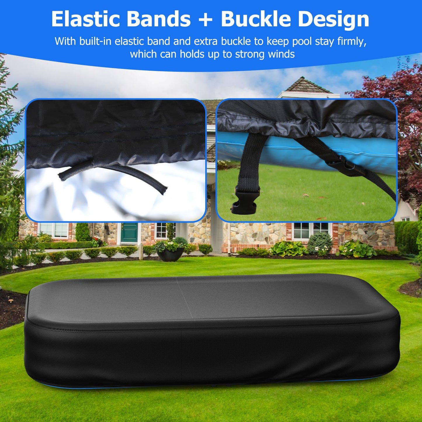 Rectangular Pool Cover for Inflatable Pool, Fits Blow Up Pool Size 90" L x 60" W, Built-in Elastic Band and Extra Buckle to Prevent Slipping, Rectangle Above Ground Swimming Pool Cover
