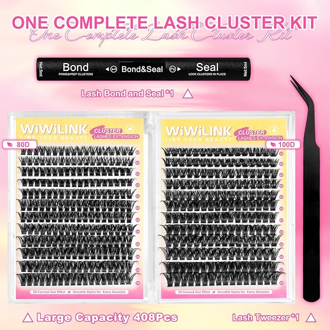 Fluffy Lash Clusters Kit 408Pcs, Wispy Volume (80D/100D) D-Curl Cluster Eyelash Extensions 10-18mm + Bond & Seal Glue + Tweezers - Reusable 15+ Times, Natural to Dramatic Volume