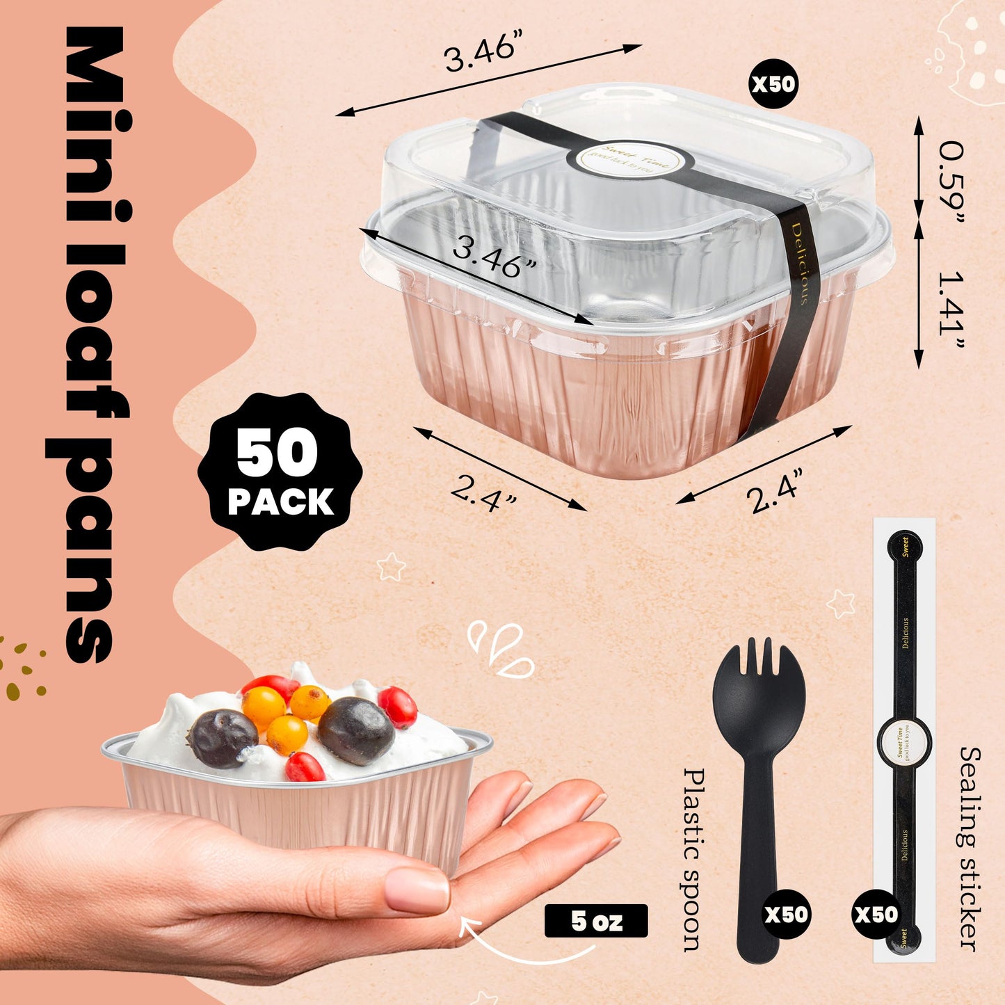 NPLUX 50 Pack Mini Cake Pans with Lids and Spoons Aluminum Foil Pans Square Cake Tins for Bakery Party Wedding (Champagne Color,5 oz)