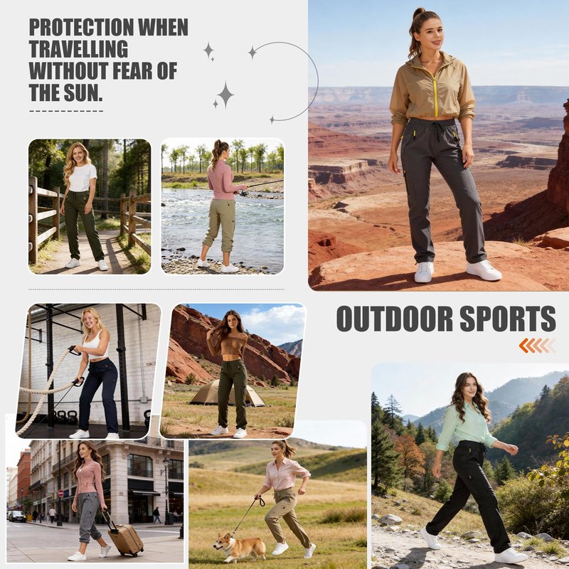 Womens Hiking Pants Sun Protection Quick Dry UPF 50 Lightweight Travel Golf Cargo Safari Pants Zipper Pockets,6608,Khaki,Tall XL
