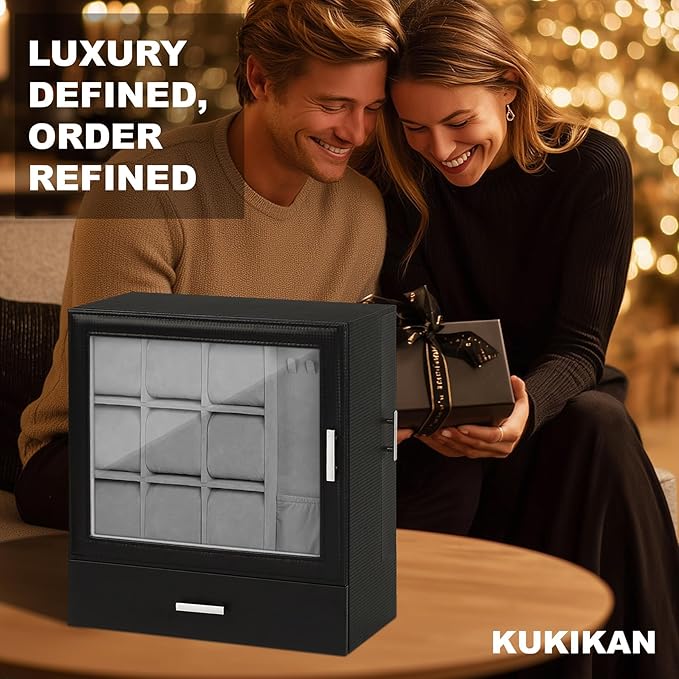 9-Slot Watch Display Case with Necklace Display, High End Men Jewelry Box w/ Drawer, Standing Watch Box for Men w/ Clear Lid, Watch Case for Sunglasses, Vertical Storage, Space Saving, Ideal Gift
