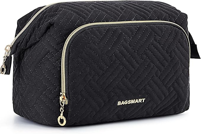 BAGSMART Travel Makeup Bag, Cosmetic Bag Make Up Organizer Case,Large Wide-open Pouch for Women Purse for Toiletries Accessories Brushes Black