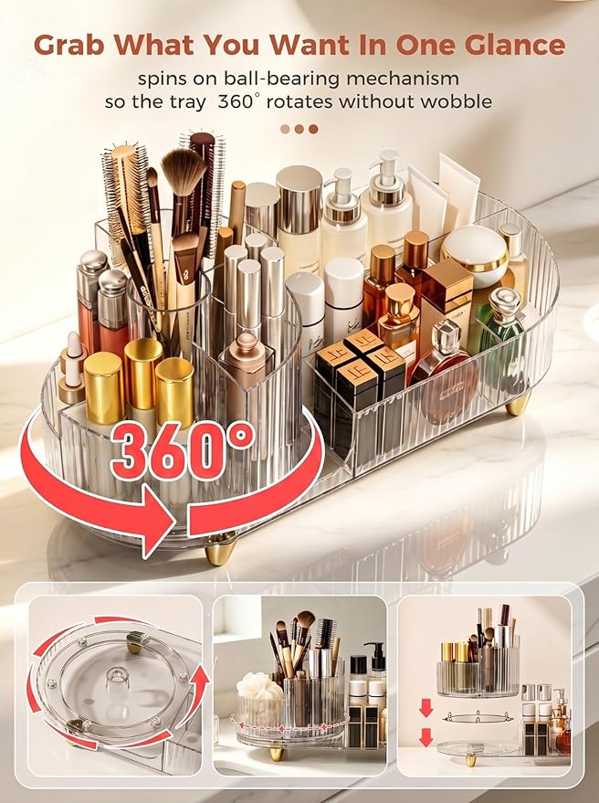 Booklov Rotating Makeup Organizer for Vanity, Large Capacity Cosmetic Display Case, Clear Acrylic Countertop Beauty Storage Holder for Skincare, Brush Eyeshadow Lipstick, Counter Desk, Crystal Clear