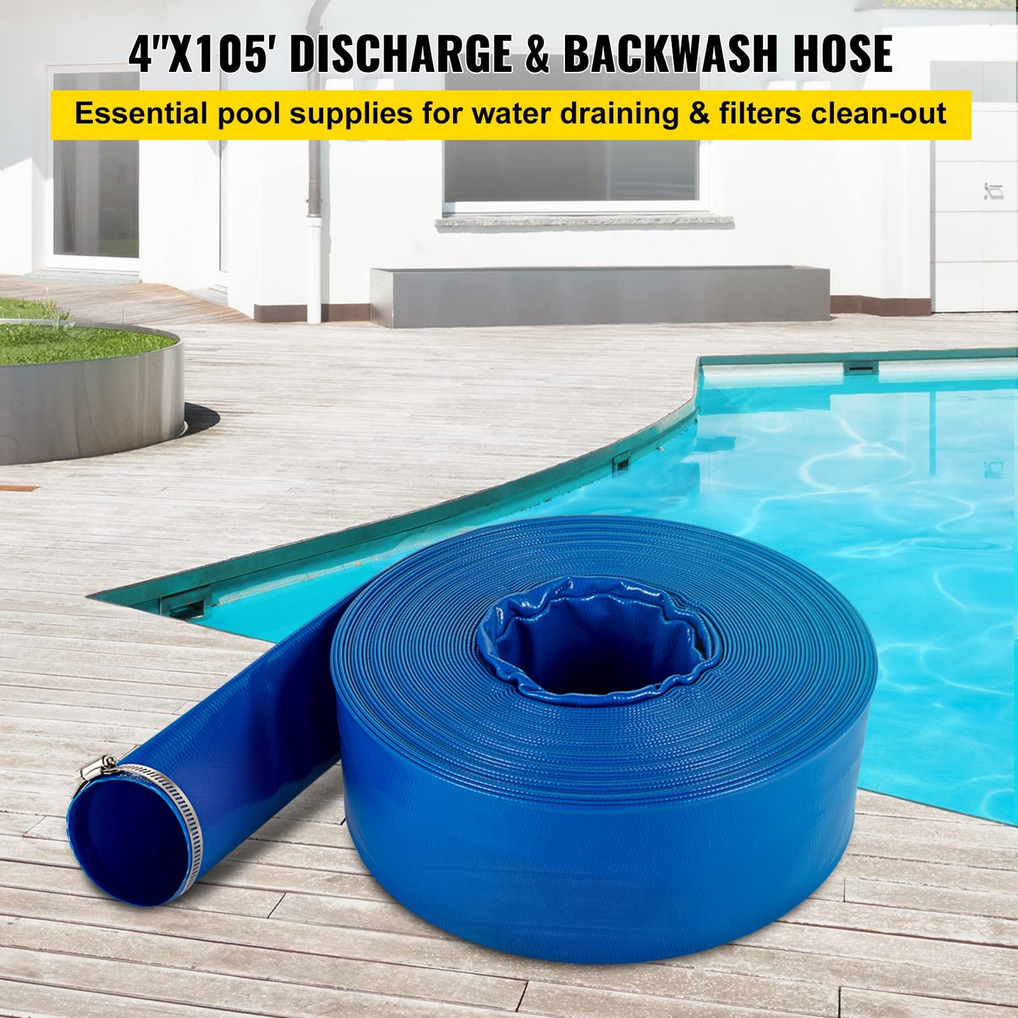 VEVOR Discharge Hose, 4' x 105', PVC Lay Flat Hose, Heavy Duty Backwash Drain Hose with Clamps, Weather-proof & Burst-proof, Ideal for Swimming Pool & Water Transfer, Blue