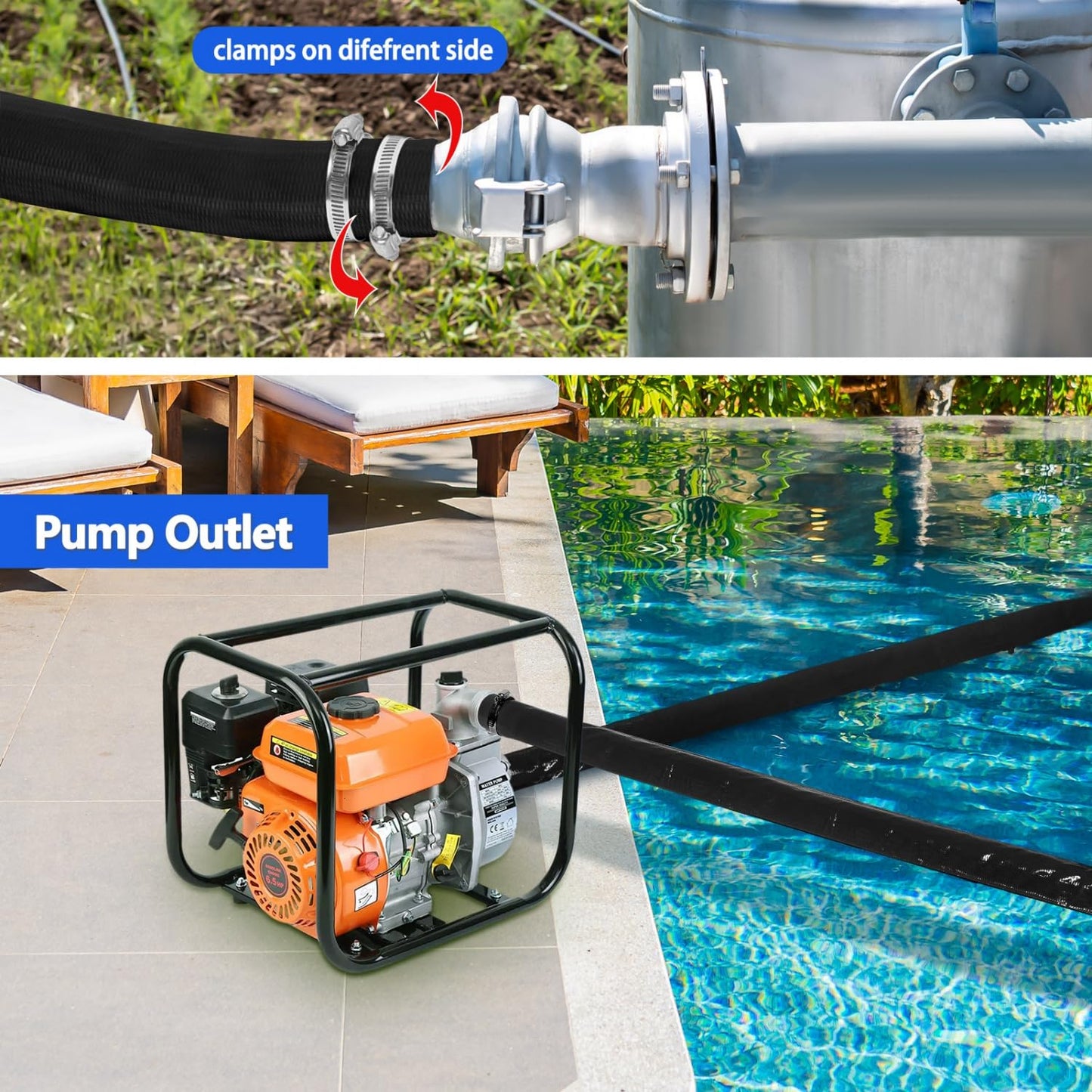 Gonioa Pool Backwash Hose 1 1/2 Inch Diameter x 25 Feet - Heavy-Duty PVC Pool Drain Hose, Reinforced Discharge Hose with Clamp for Swimming Pools, Black