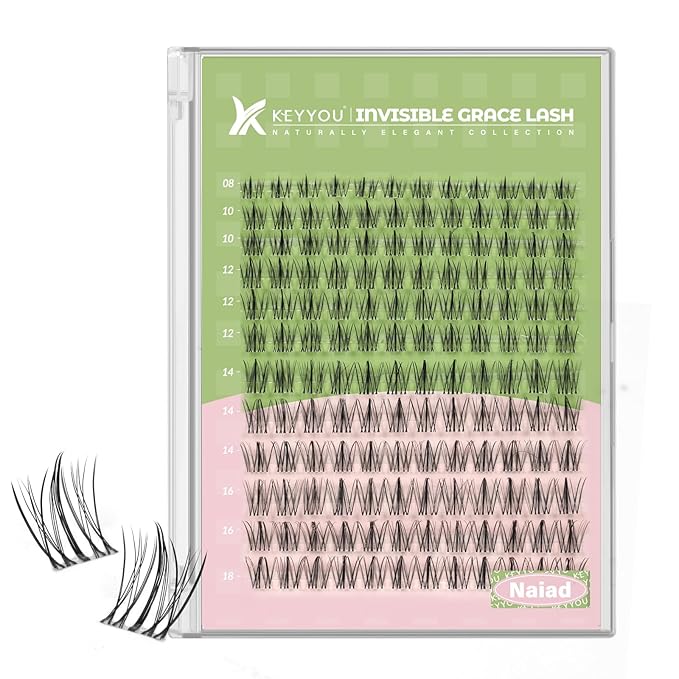 KEYYOU Naiad Lash Clusters Fairy Eyelash Extension C Curl 144Pcs Eyelash Extension Wispy Natural Invisible Band Lash with Waterproof DIY Lash Extension at Home(Naiad-C-8-16MIX)