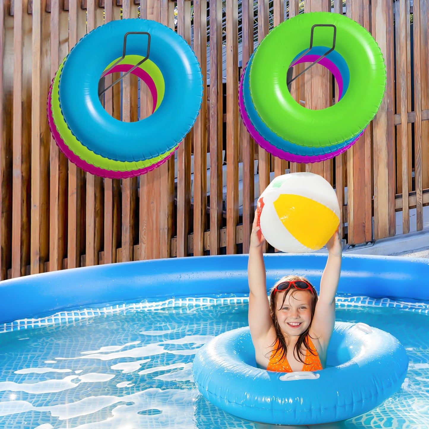 3 Pcs Pool Float Storage Holder, 16.5 Inch Wall Mount Pool Float Organizer Storage Rack with Hangers for Swimming Ring, Towel, Tools & More Storage Indoor Outdoor Space-Saving (Oblique angle)