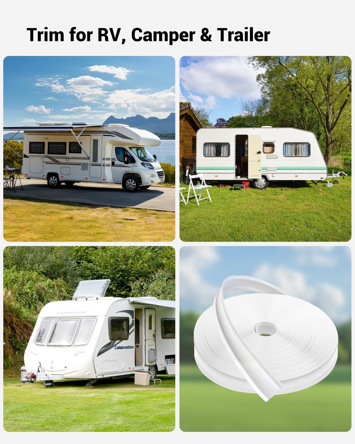 1” RV Trim Molding Insert, 100 Ft Heavy Duty RV Weather Stripping Exterior, Vinyl Rubber Seal Strip Includes End Caps, Screw Cover Trim for Camper Travel Trailer, White