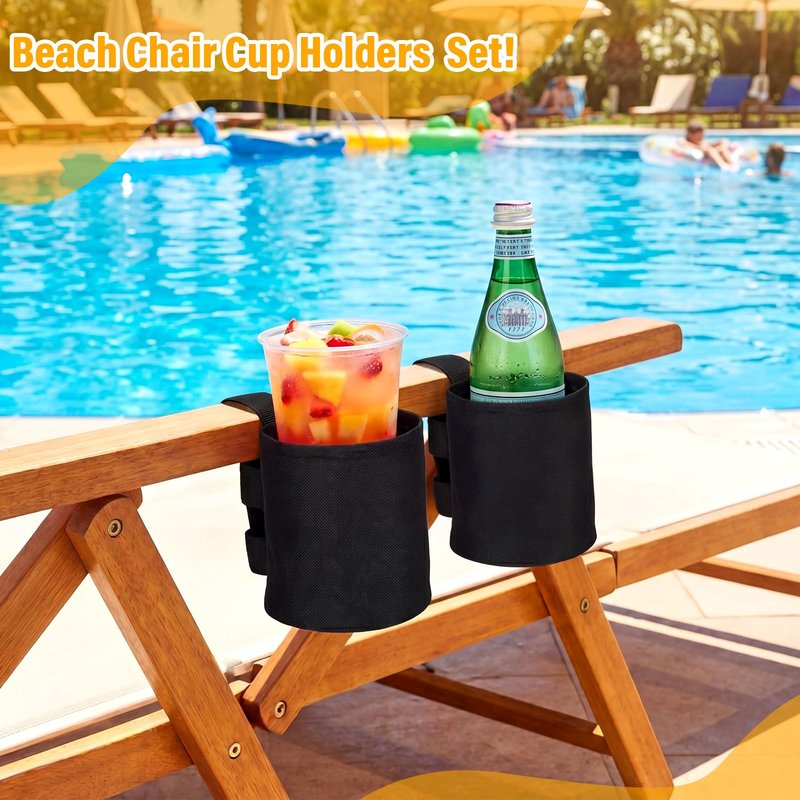 Patelai 4 Pack 4.1x3.5in Beach Chair Cup Holder Camping Chair Drink Holder, Portable Universal Water Bottle Organizer Accessories for Outdoor Beach Camping Lawn Fishing Pool Patio Loungers (Black)
