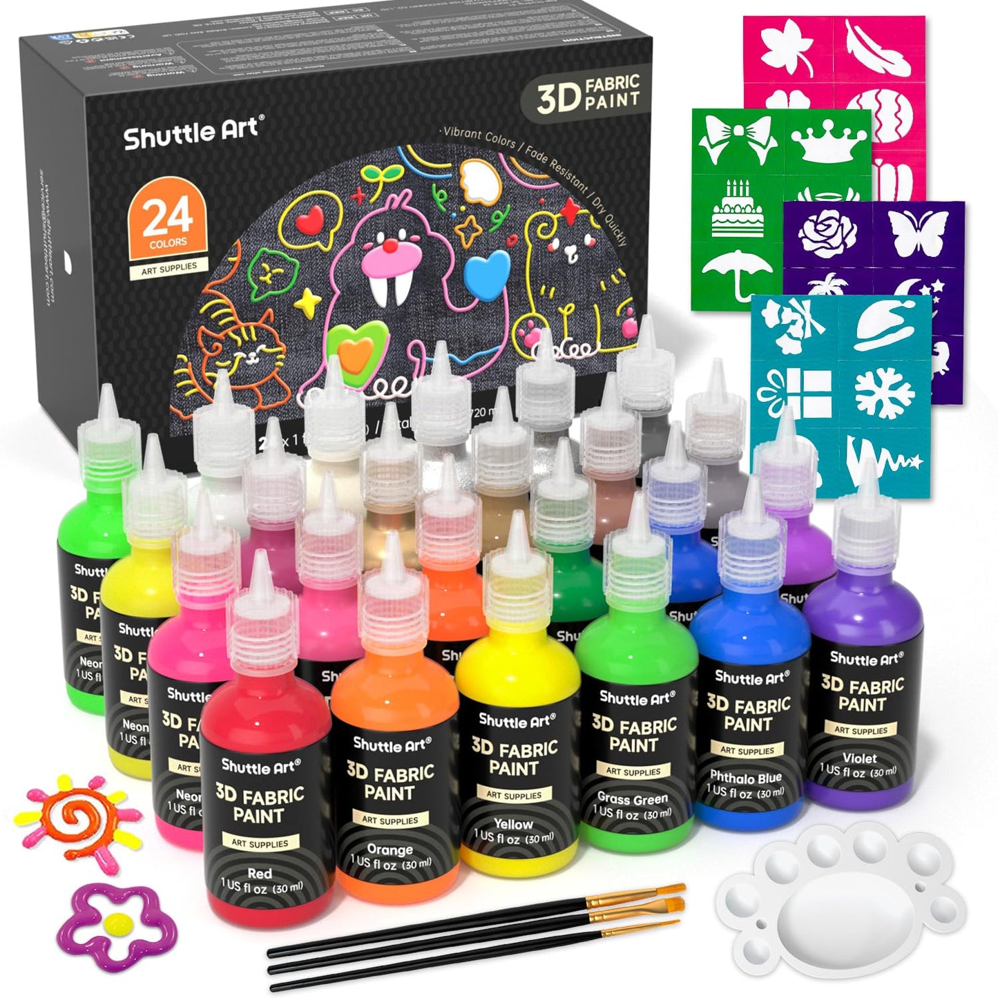Shuttle Art Fabric Paint, 24 Colors 3D Permanent Paint with Brushes Palette Pen Fabric Sheet Stencils, Glow in The Dark, Glitter, Metallic Colors for Textile Fabric T-shirt Jeans Glass