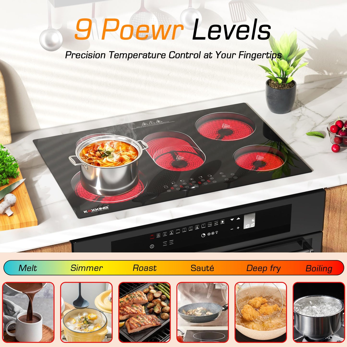 30 Inch Electric Cooktop 5 Burners, 8500W Built-in Radiant Ceramic Stove Top with Dual Expandable Heating Zone, Touch Control 9 Power Levels, Timer & Child Lock, Hard Wired 220-240V