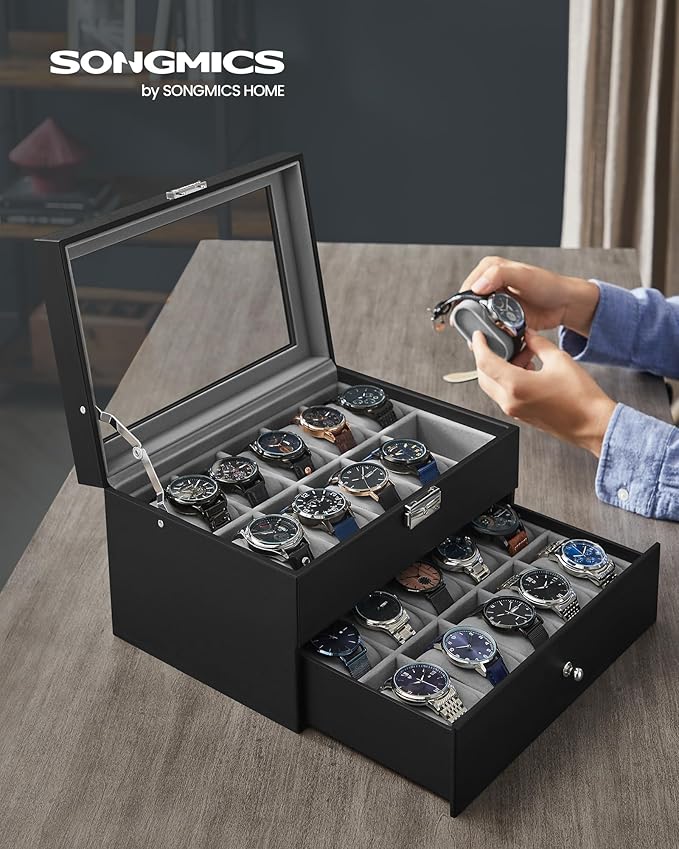 SONGMICS Watch Box, 20-Slot Watch Case Organizer with Large Glass Lid, Removable Pillows, Metal Lock, Gift for Loved Ones, Black Synthetic Leather, Gray Lining UJWB006V1