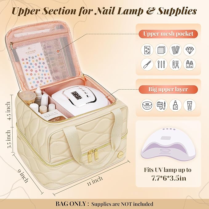 YOREPEK Nail Polish Organizer Case Holds 42+ Bottles (15ml/0.5 fl.oz), 2-Layer Nail Kit Bag with Compartments for Nail Supplies, UV Lamp, Nail Tech Organizers and Storage for Manicure Tools, Beige