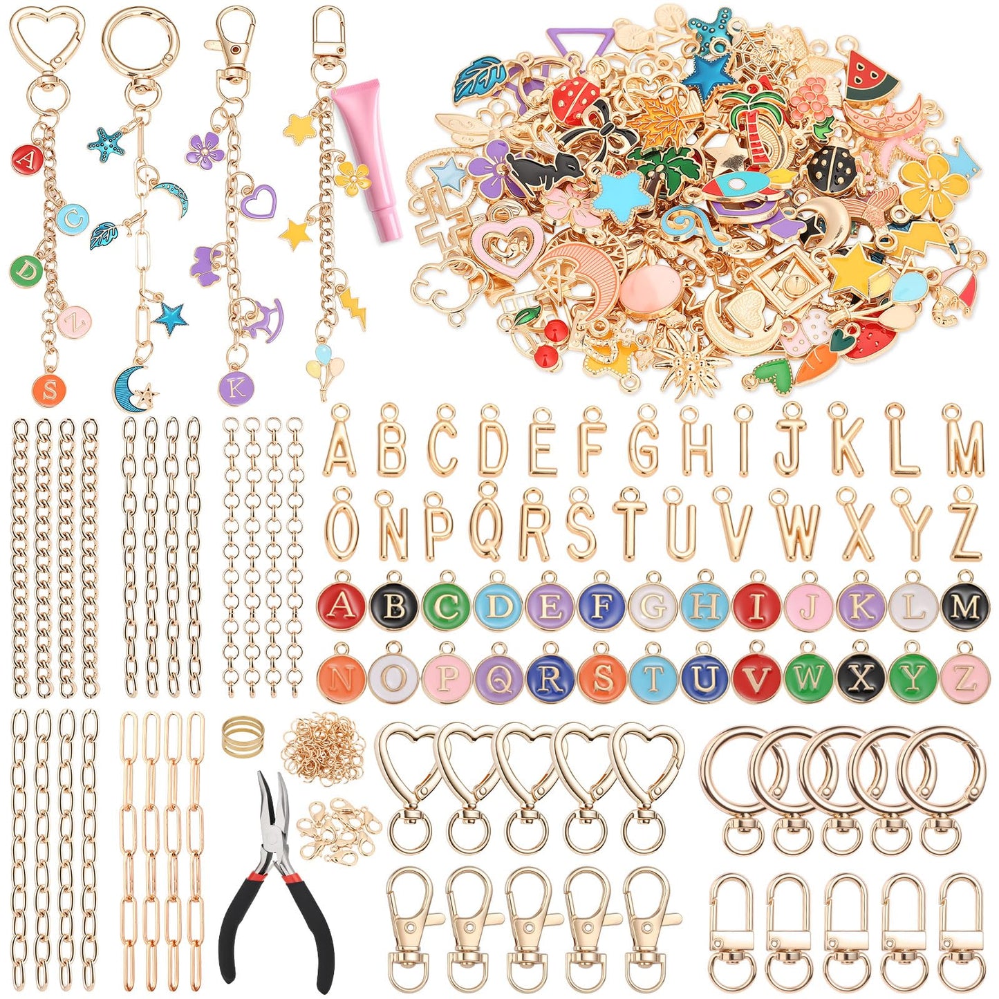 selizo 404Pcs Charms Lip Gloss Keychain Making Kit, DIY Craft Supplies with Charms, Key Chain Hooks, Jump Rings, Lobster Clasps, Chains, Jewelry Making Kit for Custom Keychains, Bags, Valentines Gifts