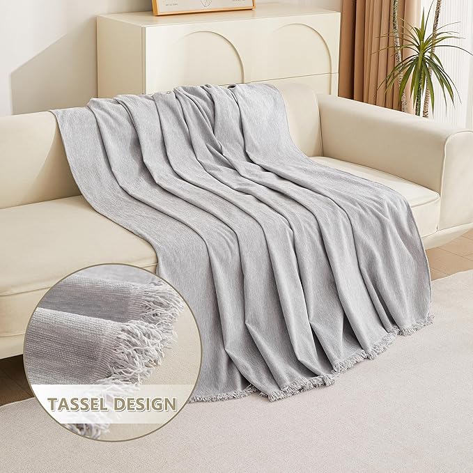 MYSKY HOME Chenille Sofa Cover for Dogs Cats Light Gery Couch Cover with Tassel Edge Farmhouse Furniture Protectors for Pets Thick Durable Sectional Couch Covers for 2 Cushion Couch, 71"x 102"