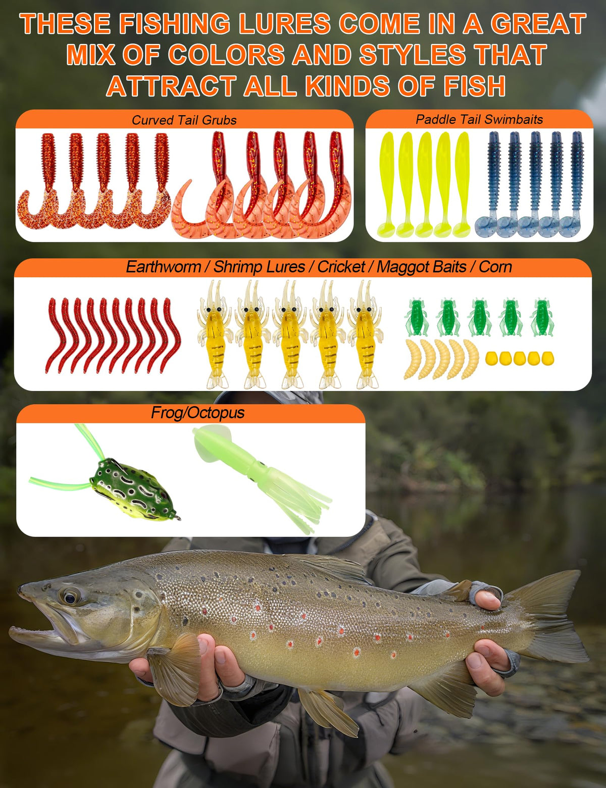 Pullther fishing Fishing Lures,380Pcs Tackle Box with Tackle Included, Fishing Gear with Frogs,Soft Baits, Hooks & Other Accessories,Fishing Bait Kit for Bass Trout