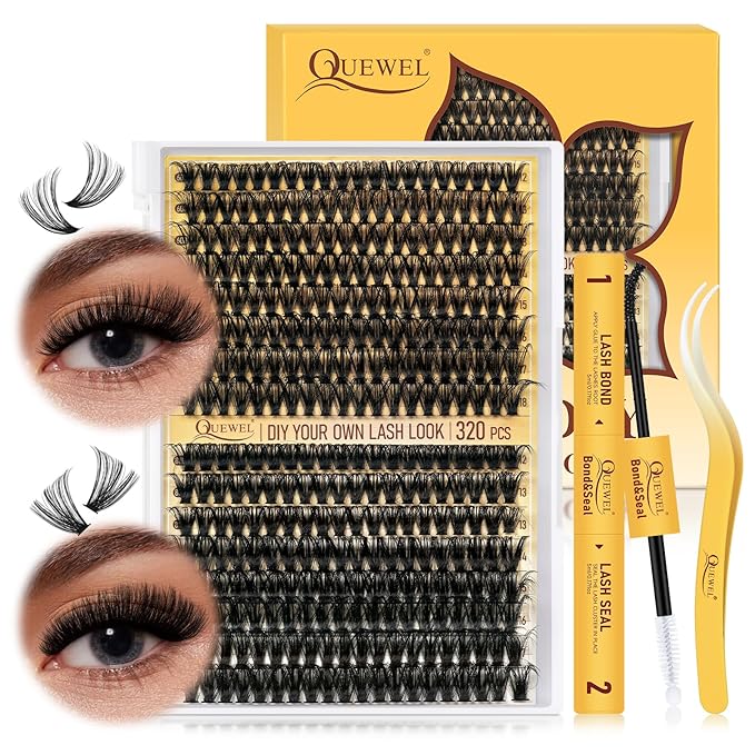 QUEWEL Lash Clusters Kit, 320Pcs 60D+80D Lash Cluster Eyelash Extensions Mix 12-18mm 3D Eyelash Clusters with Lash Bond and Seal and Lash Tweezers Easily Create 3D Lashes Clusters at Home(60+80D Kit)