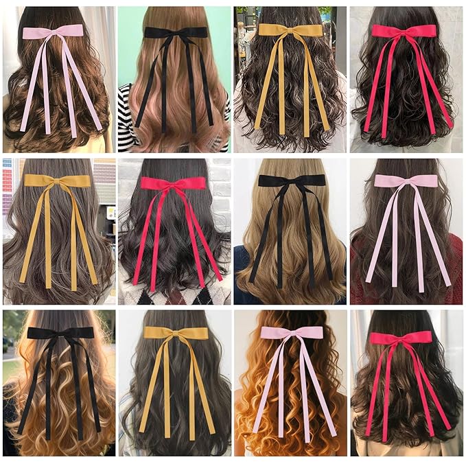 Hair Bows Clips Coquette Ribbon Bowknot with Long Tail Princess Hair Bows French Barrettes Hair Accessories for Women Girls 16PCS (Rose red, Pink, Yellow, Black)