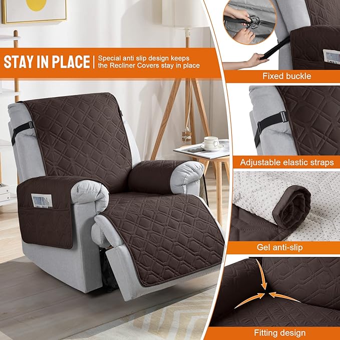 VANSOFY 100% Waterproof Recliner Chair Covers, Recliner Cover Non-Slip Dog Chair Cover Furniture Protector Washable Slipcover with Pocket, Elastic Straps for Pets, Dogs(Chocolate, 22")