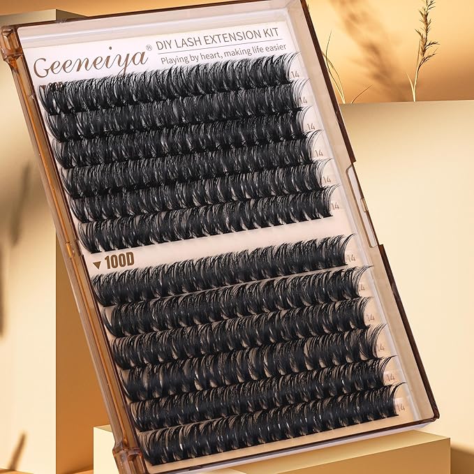 Geeneiya 14MM Volume Lash Clusters Kit DIY Lash Extension Kit D Curl Eyelash Extensions with Waterproof Lash Bond and Seal Waterproof Tweezers, Only 14MM, 80D+100D