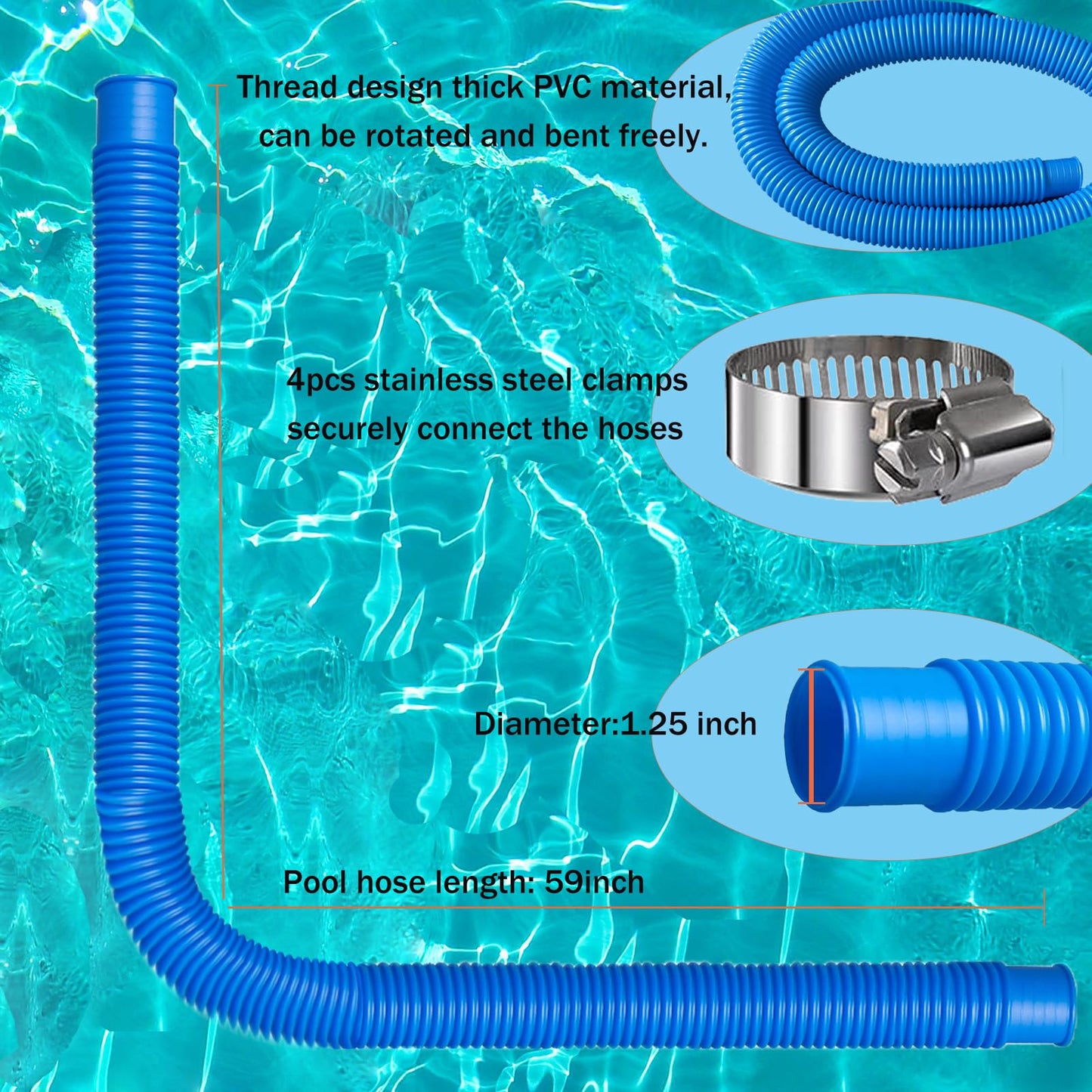Hxxyilok Pool Hoses Pool Pump Replacement Hose, 1.25 x 59 inch Above Ground Pool Hoses Tubes Compatible with Intex Filter Pump 607, 603, 637, 2 Pack Hose 4 Clamps Poolhose-2Pcs