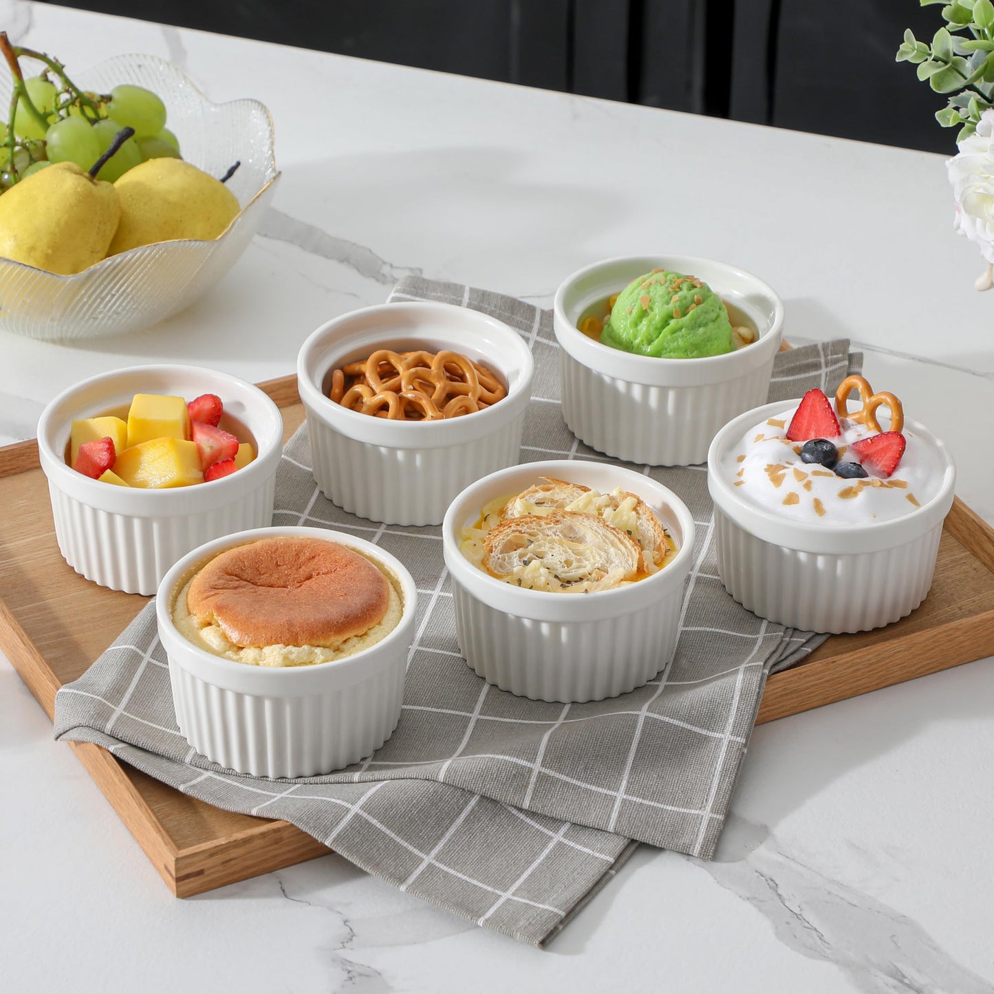 MALACASA Ramekins 8 oz Oven Safe, Porcelain Creme Brulee Ramekins Pudding Custard Cups Ceramic Souffle Dishes Ramakan Ramiken Ramicans Baking Bowls Set of 6, White, Series RAMEKIN-DISH