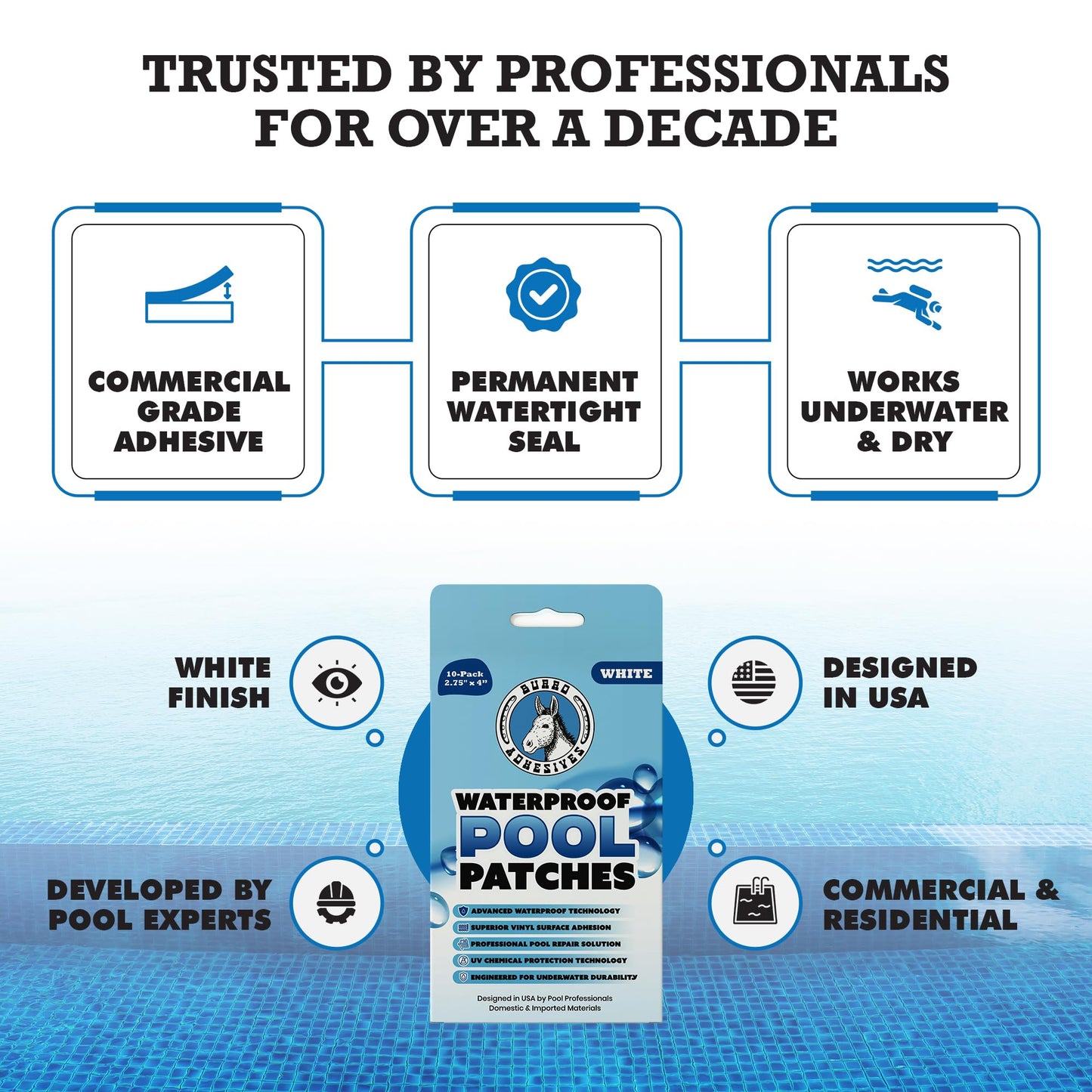 Burro Adhesives 10-Pack Waterproof White Pool Patches - Professional Grade PVC Repair Kit with 2.75" x 4" Heavy Duty Patches for Commercial & Residential Vinyl Liner Pools, Works Underwater & Dry