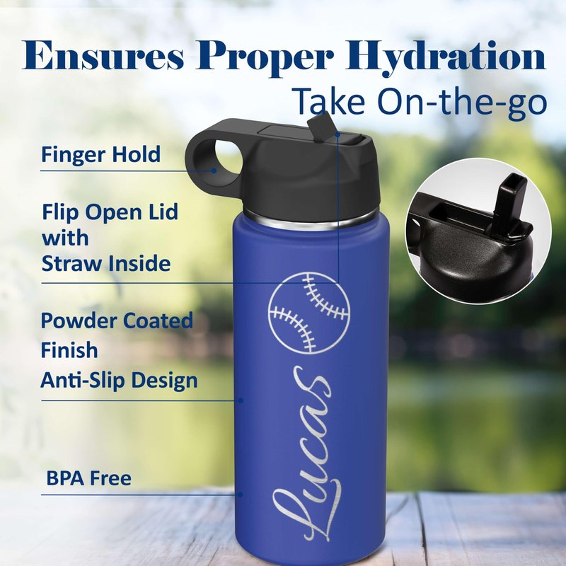 Personalized Boys Name & Icon Insulated Stainless Steel Water Bottle with Flip Top Lid & Straw Custom Engraved Kids, Teens, Children Gifts 18 oz.