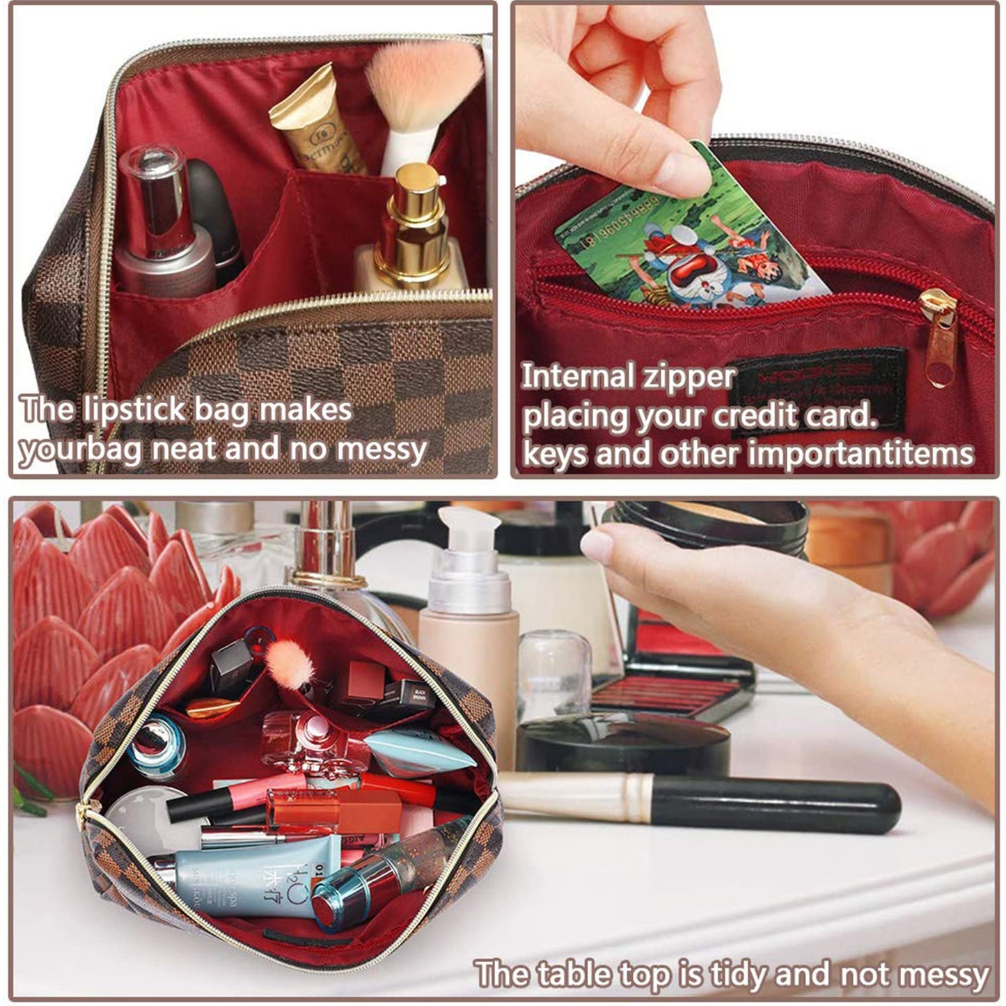 BAGCRAZY Makeup Bag, Cosmetic Bag, Portable Leather Large Checkered Makeup Bag, 2 Pack Large Capacity Travel Cosmetic Bag for Women, Lightweight Design and Waterproof Toiletries Bag Christmas Gifts