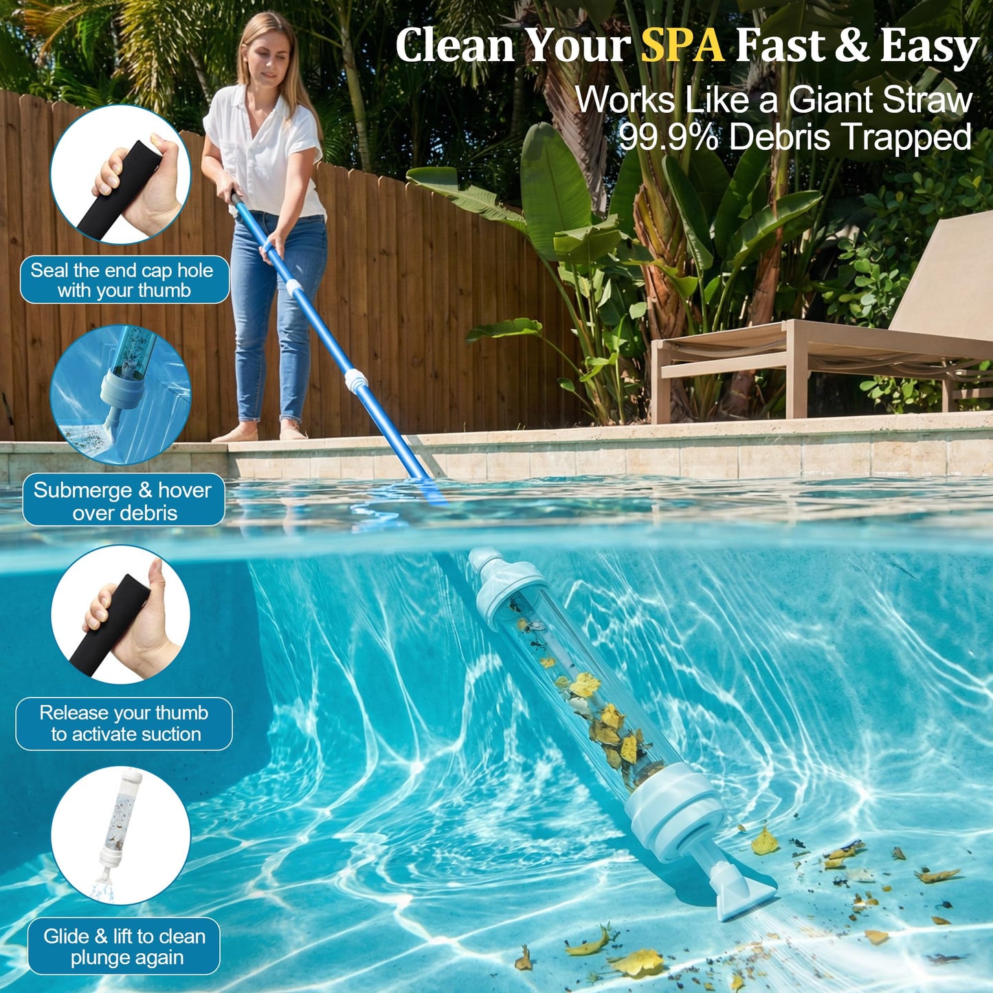 Spa Vacuum Compatible with 6250 Paradise Power, No Pumping, No Batteries or Electricity, Powered by Water Pressure, Cordless Hot Tub Vac Cleaner Picks up Pebbles, Sand&Debris, with Telescopic Handle