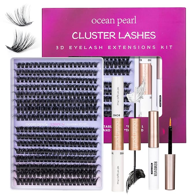 Ocean Pearl Lash Clusters 320pcs 3D Thick Lash Clusters kit 60D+80D Lashes,Eyelashes,Lash Extension Kit,Eyelash Clusters with lash adhesive+sealer+remover+tweezers,Lashes Clusters Eyelash Extensions