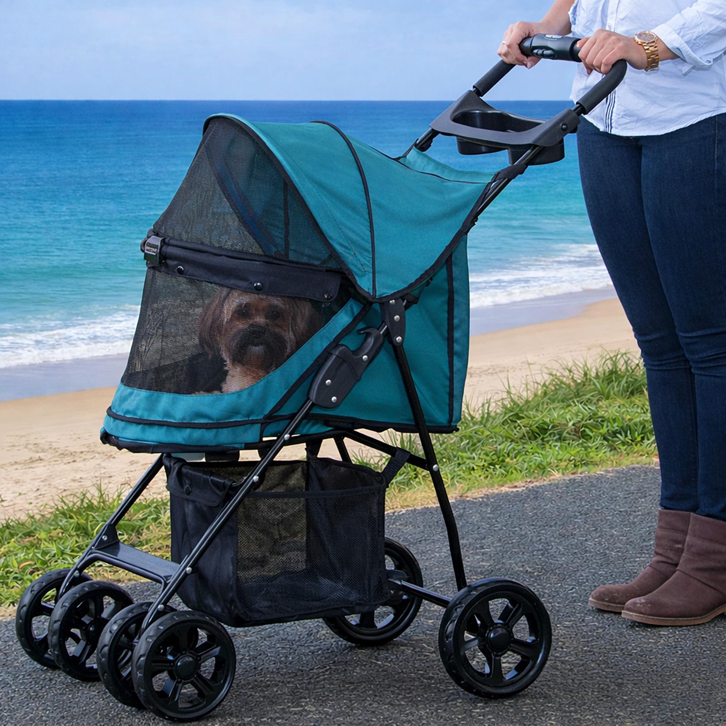 Pet Gear Happy Trails Lite Pet Stroller for Cats/Dogs, Zipper Entry, Easy Fold with Removable Liner, Safety Tether, Storage Basket, Green Clover