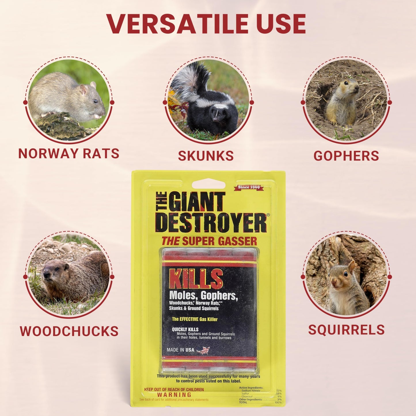 Giant Destroyer Smoke Bomb Gasser – Rodent & for Gophers, Moles, Groundhogs & Rats – Single Pack (4 Tubes) + Jecudi Towel