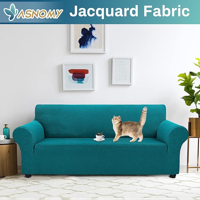 Asnomy Couch Covers for 3 Cushion Couch Stretch Sofa Covers Slipcovers, Pet Protector Furniture Covers for Dogs Cats Spandex Jacquard Fabric Small Checks（Large，Peacock Blue）