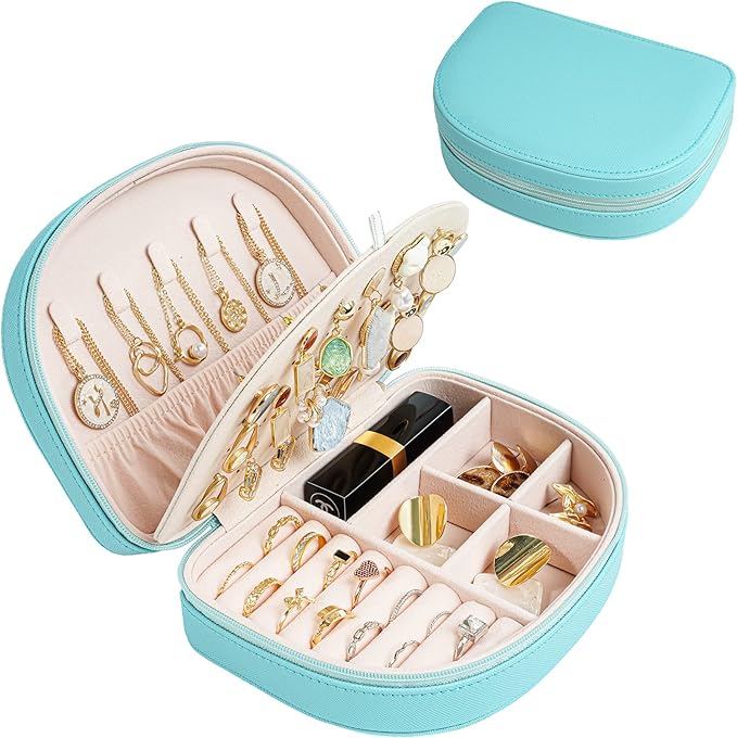 ProCase Travel Size Jewelry Box, Medium Portable Seashell-Shaped Jewelry Case, 2 Layer Jewelry Organizer in PU Leather for Women -Blue