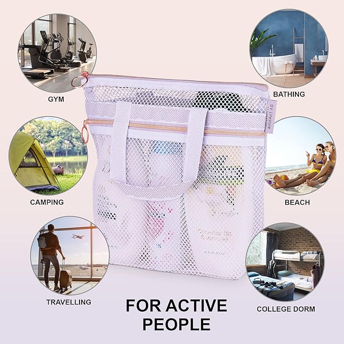 DV Lifestyle Mesh Shower Bag 10.2x9.9'' Quick-Dry Caddy with Zipper & 2 Pockets. Portable Toiletry Tote for Bathroom, Gym, Travel, Camp, Beach, for Sunscreen, Dorm & College Essentials (Light Gray)