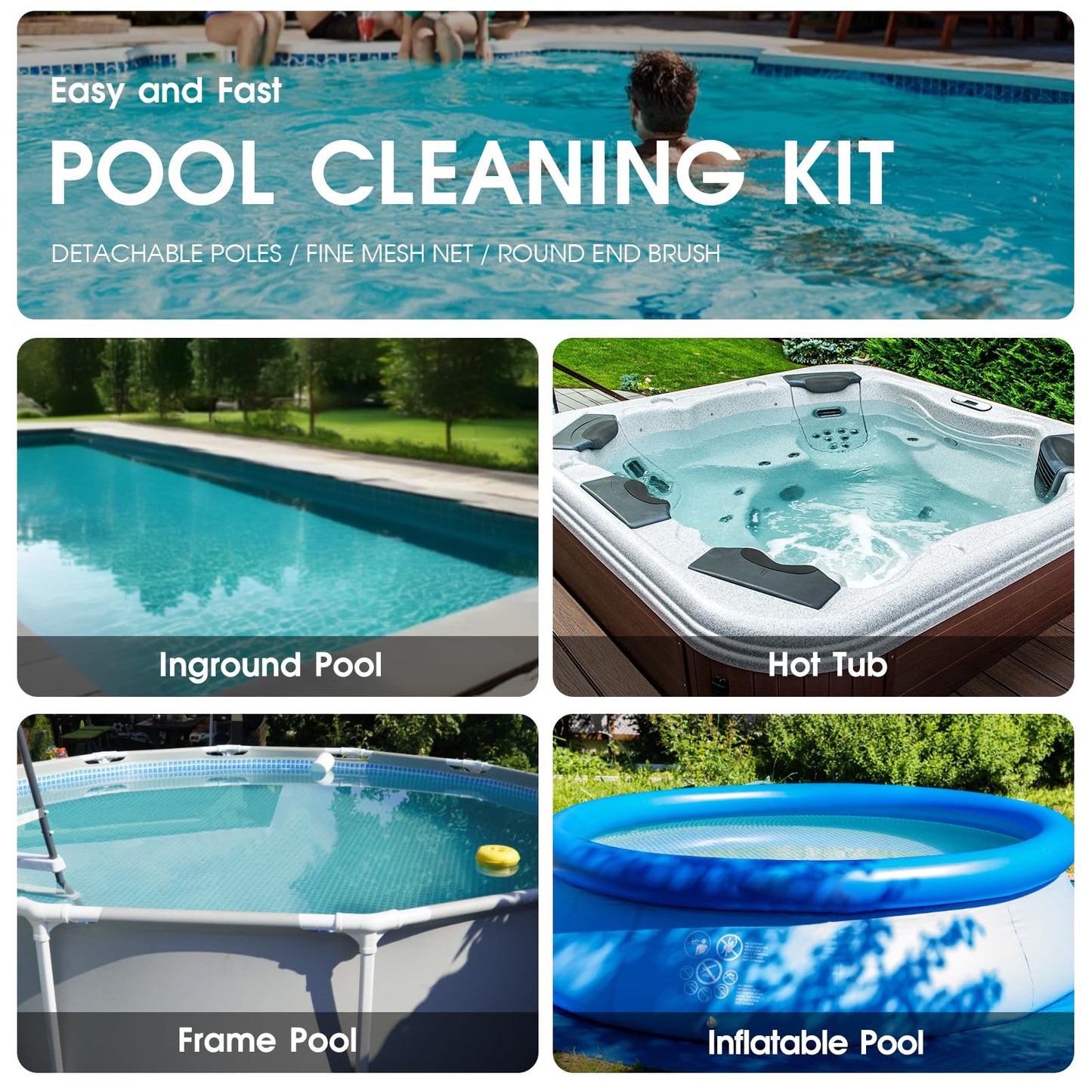TidyMister 3PCS Cleaning Kit - 12.5'' Brush With Round End & 11'' Skimmer Net Fine Mesh & 5.7 Feet Thick Aluminum Pole 5-Segment, for Above Ground & Inground Pools Ponds